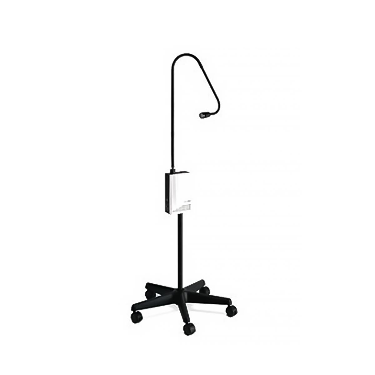 The free-standing Welch Allyn Exam Light III. The unit and stand are black. The stand has 5 caster wheels.