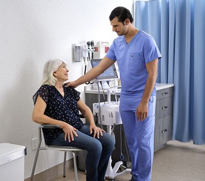 older woman sitting in patient exam chair with nurse touching shoulder and Connex 360 Monitor