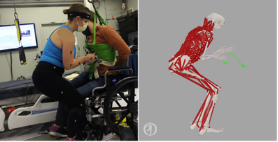 Side-by-side images show a healthcare worker and patient during the study, next to a musculoskeletal model showing physical forces