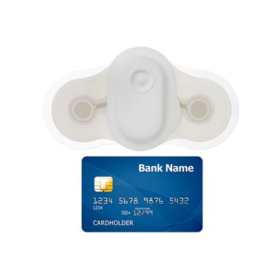 This side-by-side view of the Welch Allyn TAGecg sensor shows that it is comparable in size to a consumer credit card.