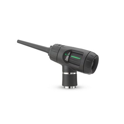 Tête d'otoscope Welch Allyn MacroView avec spéculums. Le cadran de réglage de la luminosité, sur le côté, permet de régler l'intensité lumineuse.